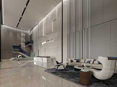 Modern Lobby Reception Desk Interior With Sofa Chairs Marble Floor And Chandelier Design 3d model
