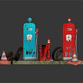 Vintage Blue And Red Fuel Pumps With Rusty Tire And Traffic Cones On Stone Base