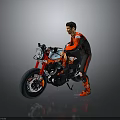 Vintage Black Motorcycle With Person In Red And Black Outfit Mounting Classic Headlight And Large Tire