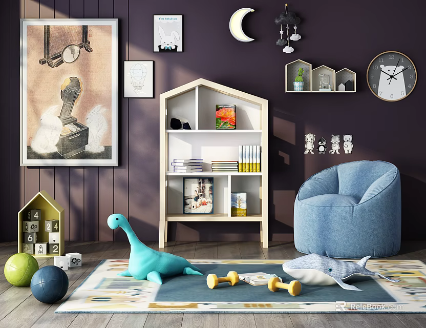 Colorful Dinosaur And Plush Toys In Kids Room With Bookshelf Bean Bag Chair And Rug 3d model 