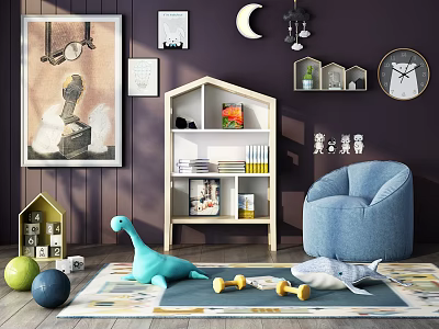 Colorful Dinosaur And Plush Toys In Kids Room With Bookshelf Bean Bag Chair And Rug 3d model