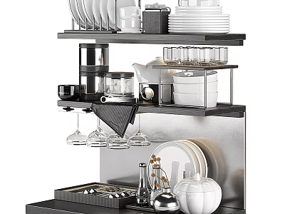 Modern Kitchenware Storage Rack With Plates Glasses Bowls And Utensils 3d model