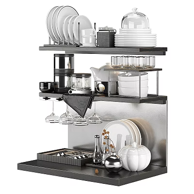 Modern Kitchenware Storage Rack With Plates Glasses Bowls And Utensils 3d model