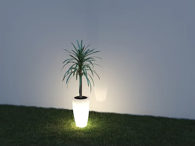 Outdoor Light Illuminating White Flower Pot With Green Plant On Grass And White Wall Background 3d model