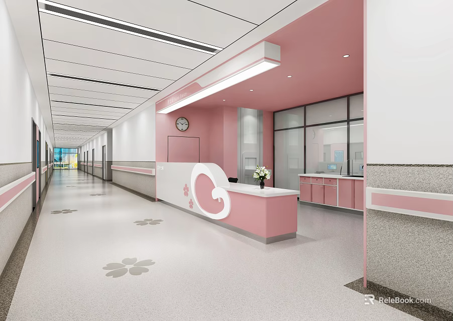 Hospital Outpatient Clinic Pink Themed Interior With Reception And Corridor 3d model 