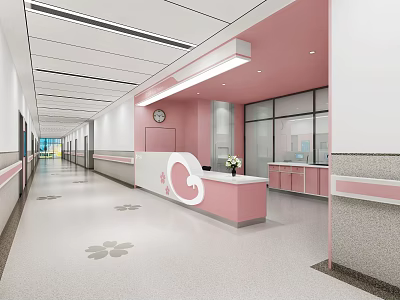 Hospital Outpatient Clinic Pink Themed Interior With Reception And Corridor 3d model