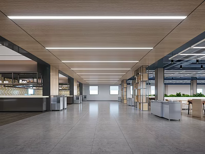 Modern Spacious Workspace Hall Interior With Wooden Ceiling Linear Lights Gray Flooring And Natural Light 3d model