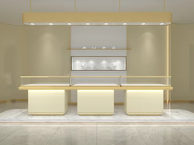 Elegant Modern Jewelry Store Interior With Golden Display Counters Soft Lighting And Marble Floor 3d model