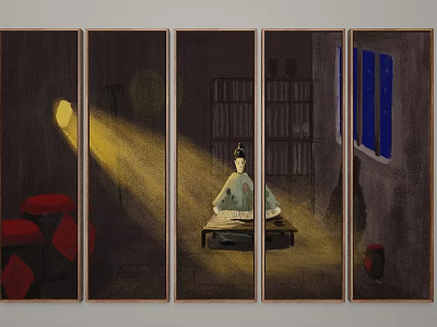 Traditional Figure Painting on Folding Screen with Seated Figure Bookshelf Lantern Window and Red Jar 3d model