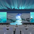 Modern Event Stage With Blue Backdrop Large Screens Lighting Effects And White Chairs