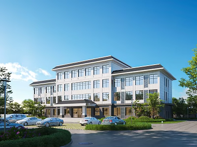 Modern Multi Storey Residential Building With Large Windows Landscaped Gardens And Parking Area 3d model