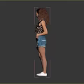 Woman Wearing Leopard Print Tank Top And Denim Shorts With Curly Hair Holding Phone