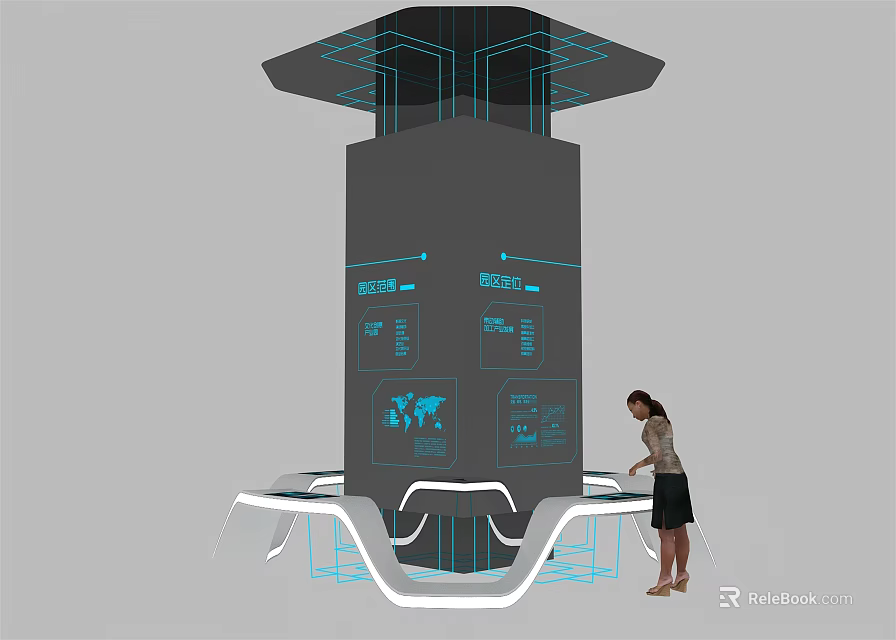 Public Facility With Column Structure Blue Interface Icons And World Map For User Interaction 3d model