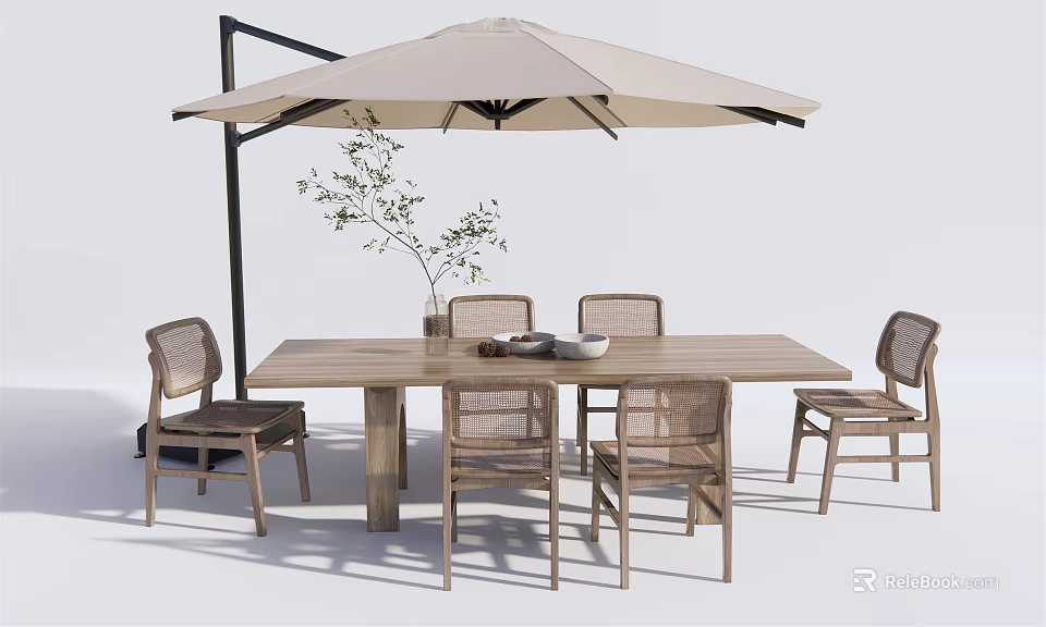 Modern Outdoor Table Set with Umbrella Four Chairs and Vase with Green Plant 3d model 