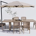 Modern Outdoor Table Set with Umbrella Four Chairs and Vase with Green Plant