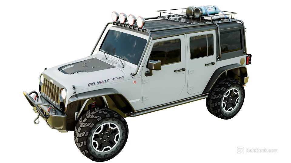 White Jeep Rubicon Off Road Vehicle With Roof Rack Roof Lights And Large Tires 3d model 