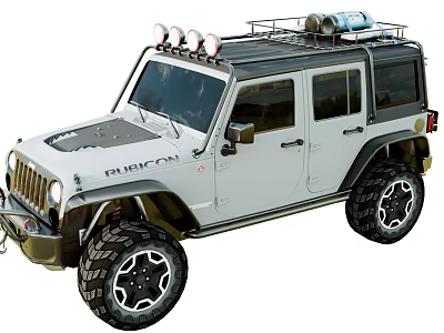 White Jeep Rubicon Off Road Vehicle With Roof Rack Roof Lights And Large Tires 3d model