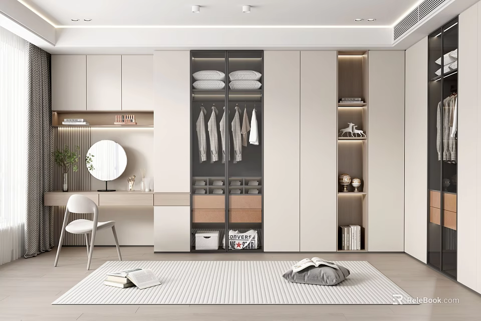 Elegant Modern Walk-in Closet Interior With White Cabinets Hanging Clothes Open Shelves And Dressing Table 3d model 