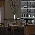 Elegant Wooden Dining Table Set With Upholstered Chairs Decorative Vase And Bookshelves