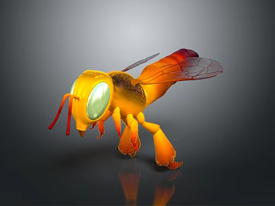 Yellow Bee With Large Green Eyes Red Antennae And Orange Red Wings On Dark Background 3d model