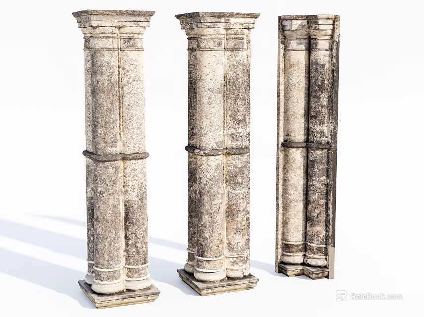 Three Classical Stone Pillars With Textured Surface And Decorative Details 3d model 