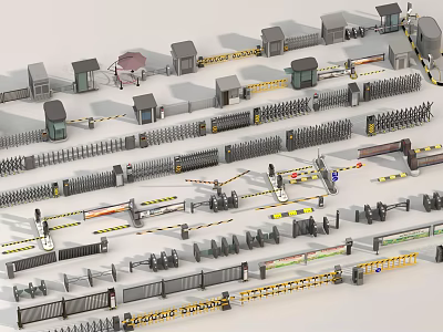 Various Types of Entrance Gates with Security Booths Fencing and Barriers 3d model