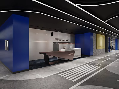 Modern Reception Desk Design With Blue Columns Striped Floor And Linear Ceiling Lighting 3d model