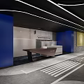 Modern Reception Desk Design With Blue Columns Striped Floor And Linear Ceiling Lighting