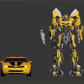 Yellow Bumblebee Robot And Shiny Sports Car Display Transformation Design With Metallic Features
