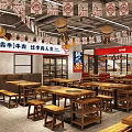 Chinese Style Beef Theme Restaurant Featuring Red Decor Wooden Barrels And Dining Counter