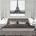 Background Double Bed With Eiffel Tower Poster Paris Text Gray Headboard And Black Pendant Lights