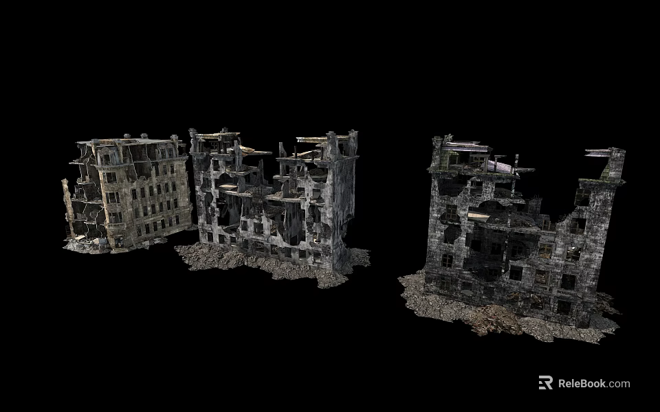 Ruined Building Components of Collapsed Structures with Broken Walls and Debris 3d model 