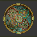 Round Handcrafted Decorative Tray With Turquoise Surface And Colorful Floral Patterns 3d model