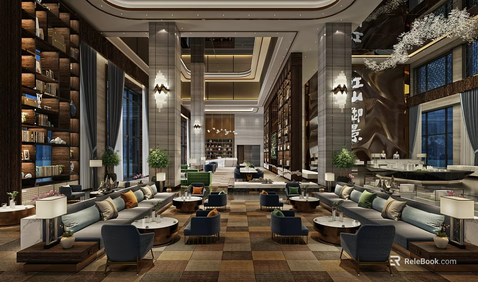 Luxurious Sales Office Interior Design With Comfortable Sofas Coffee Tables And Decorative Plants 3d model