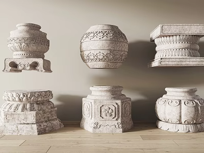 Various Carved Stone Columns With Intricate Designs And Classic Architectural Styles 3d model