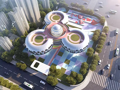 Modern School Building Featuring Circular Roofs Colorful Ground Greenery Near High Rise Buildings And Roads 3d model