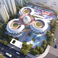 Modern School Building Featuring Circular Roofs Colorful Ground Greenery Near High Rise Buildings And Roads