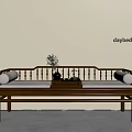 Traditional Chinese Wooden Daybed With Light Colored Cushions Small Table Vase And Tea Set