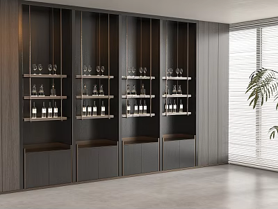 Modern Wooden Wine Cabinet With Multiple Shelves Holding Wine Bottles And Glasses 3d model
