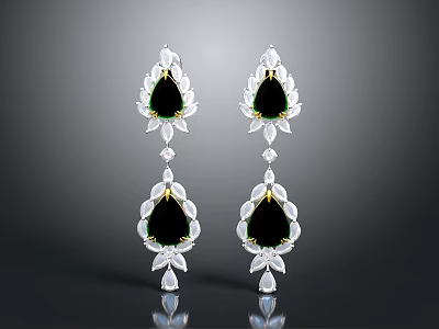 Exquisite Layered Teardrop Earrings With Black Gemstone And White Crystal Accents For Elegant Fashion Accessory 3d model