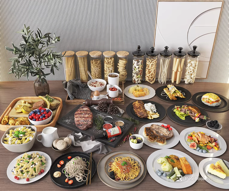 Assorted Food Platter With Steak Pasta Salad Fruits Nuts And Grain Jars 3d model 