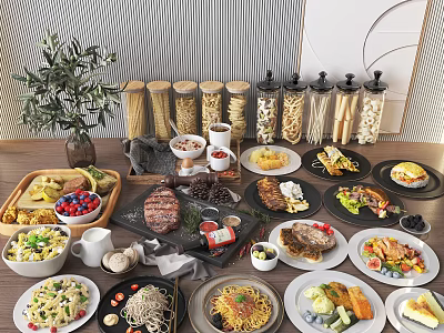Assorted Food Platter With Steak Pasta Salad Fruits Nuts And Grain Jars 3d model