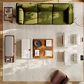 Bright Living Room Interior with Green Sofa Bookshelf Easel and Large Potted Plant