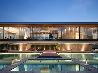 Modern Sales Office Building With Glass Facade Pool Reflection And Lighting 3d model