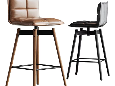 Two Modern Leather Bar Stools Featuring Brown And Black Upholstery With Wooden And Metal Legs 3d model