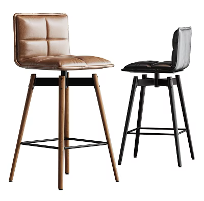 Two Modern Leather Bar Stools Featuring Brown And Black Upholstery With Wooden And Metal Legs 3d model