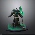 Undead Warrior Statue With Skeleton Decor Green Glowing Aura And Giant Axe On Purple Base