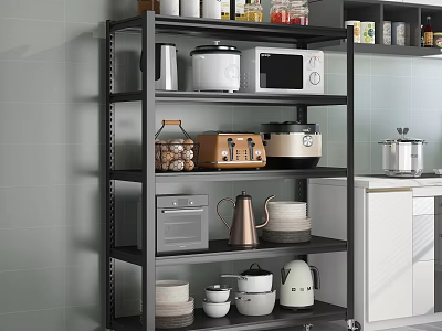 Practical Kitchen Storage Shelf With Microwave Rice Cooker Toaster Kettle And Dishes 3d model