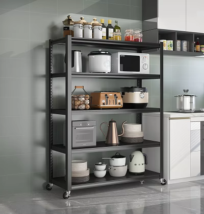 Practical Kitchen Storage Shelf With Microwave Rice Cooker Toaster Kettle And Dishes 3d model