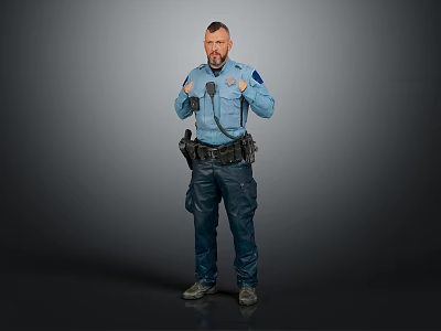 Policeman In Blue Uniform With Clenched Fists And Utility Belt On Grey Background 3d model